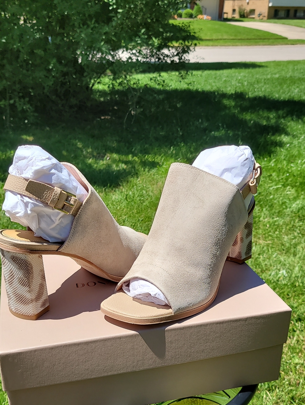 Donald J. Pliner Taupe Suede Open-Toe Block Heel Mules